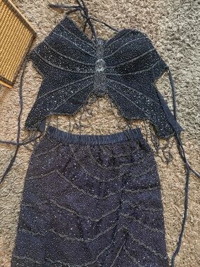 Embellished Black Beaded Two-Piece Set - Cropped Top & Skirt